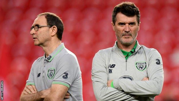 Republic of Ireland boss Martin O'Neill (L) and assistant Roy Keane will pit their wits against Wales manager Ryan Giggs