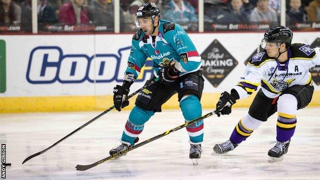 James Desmarais on the attack for Belfast Giants against Manchester Storm