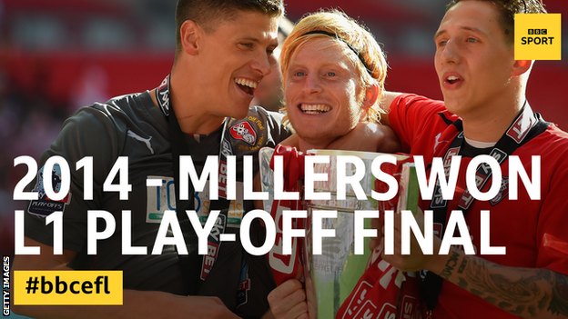 Alex Revell, Ben Pringle and Tom Hitchcock of Rotherham lift the trophy at the end of the League One play-off Final between Leyton Orient and Rotherham United