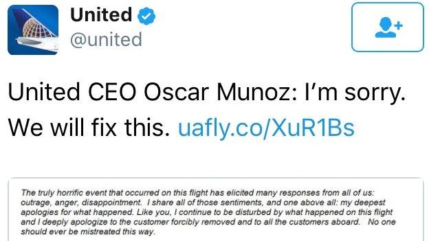 United tweets: United CEO Oscar Munoz: I'm sorry. We will fix this.