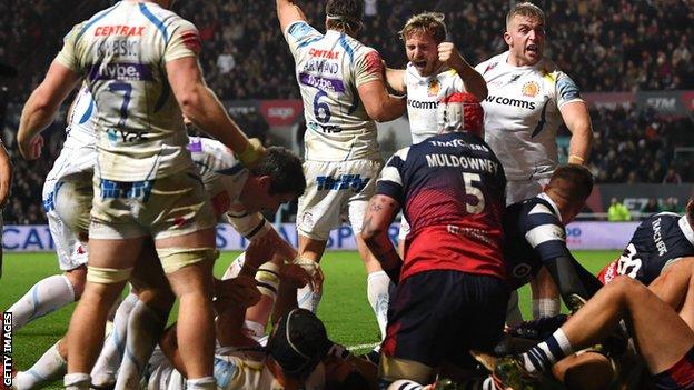 Exeter celebrate the penalty try that gave them victory against Bristol