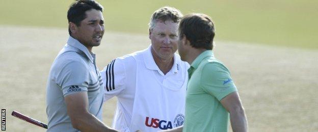 Jason Day, caddie Colin Swatton and Kevin Kisner