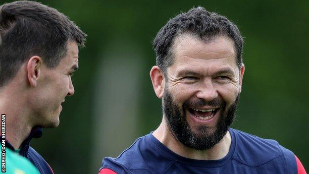 Lions defence coach Andy Farrell shares a joke with fly-half Johnny Sexton