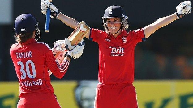 Sarah Taylor and Charlotte Edwards celebrate