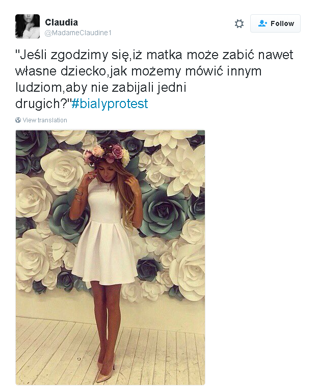 tweet in Polish, image of woman in white dress