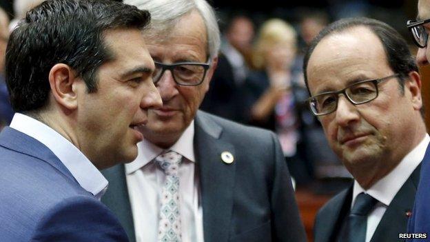 Greece's PM Tsipras, EU Commission President Juncker and France's President Hollande