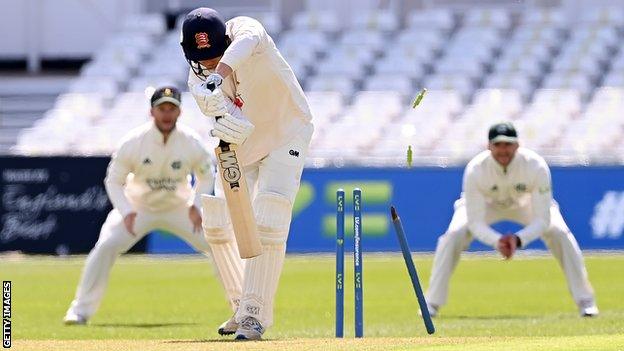 Essex captain Tom Westley is bowled by Nottinghamshire seamer Luke Fletcher