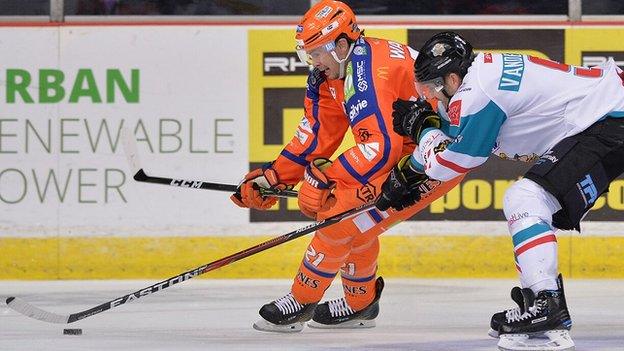 Giants defenceman Jim Vandermeer is first to the puck during the league win over Sheffield