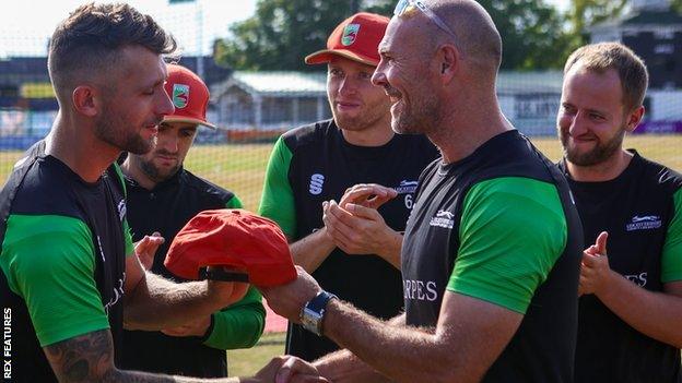 Michael Finan is presented with his county cap before Saturday's One-Day Cup game against Nottinghamshire