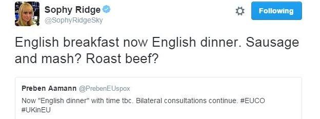 Sophie Ridge tweets English breakfast now English dinner. Sausage and mash? Roast beef?