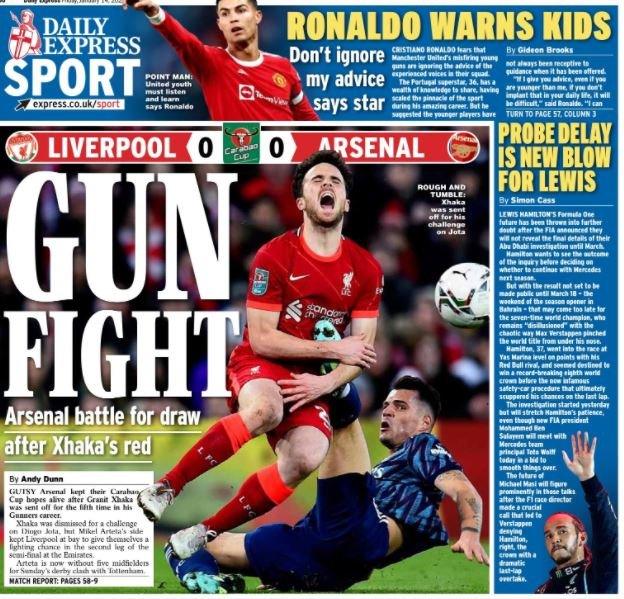 Daily Express back page shows the challenge that saw Granit Xhaka sent off for a second yellow card in Thursday's EFL Cup draw at Liverpool