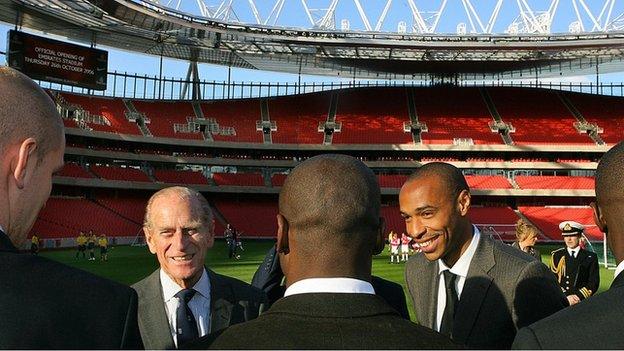 Prince Philip and Arsenal players including Thierry Henry at the opening of the Emirates Stadium in 2006