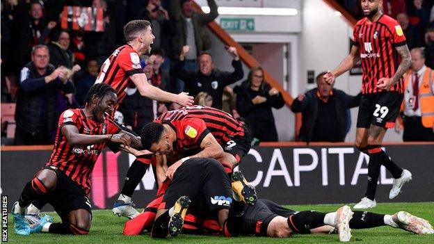 Bournemouth players celebrate Kieffer Moore's goal against Nottingham Forest