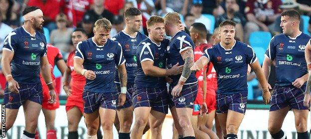 Scotland celebrate Danny Addy's try