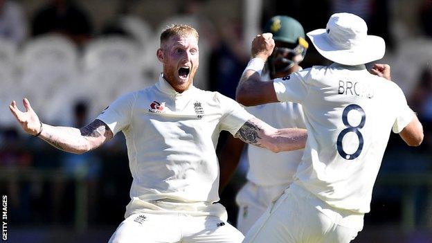 England's Ben Stokes (left) celebrates taking a wicket with team-mate Stuart Broad (right) on day five of the second Test against South Africa