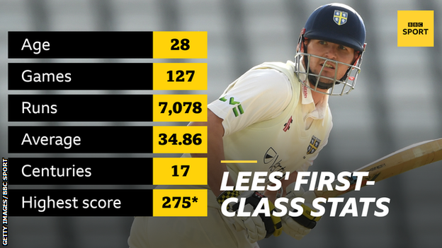 Alex Lees' first-class stats: Age 28, Games 127, Runs 7,078, Average 34.86, Centuries 17, Highest score 275*