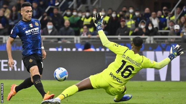 Lautaro Martinez scores for Inter Milan in the Coppa Italia semi-final against AC Milan