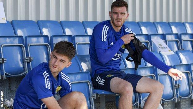 Kieran Tierney and Andrew Robertson at Scotland training