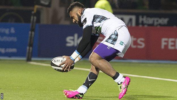 Niko Matawalu scores for Glasgow in their win over Cardiff Blues