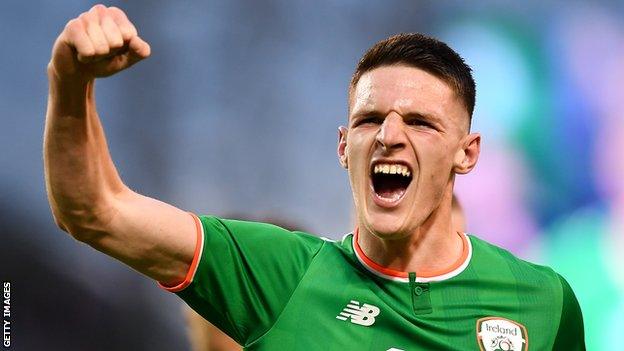 Declan Rice celebrates a Republic of Ireland goal in the friendly win over USA in 2018