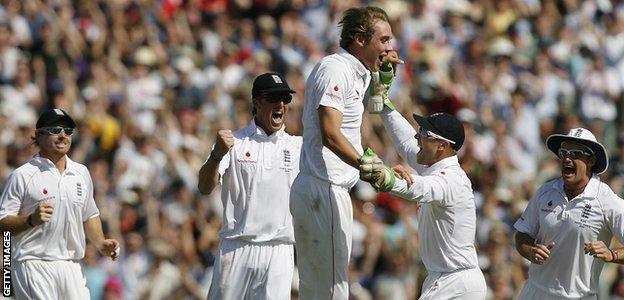 Stuart Broad celebrates a wicket in 2009