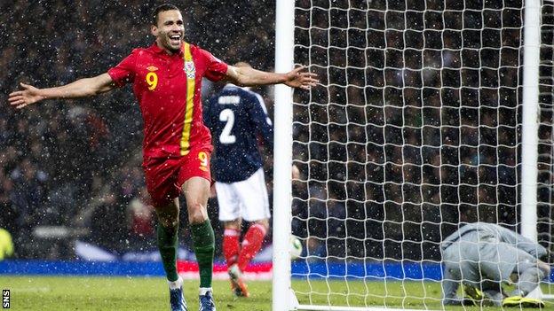 Wales' Hal Robson-Kanu scores against Scotland