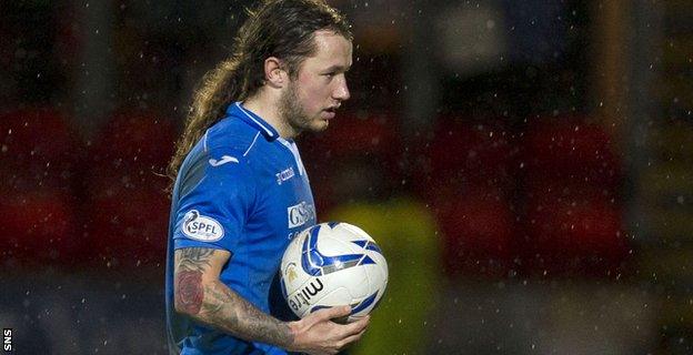 Stevie May holds the match ball after scoring a hat-trick against Hearts for St Johnstone