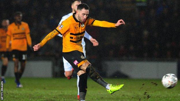 Robbie Willmott scores for Newport against Middlesbrough