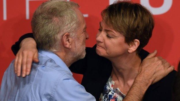 Yvette Cooper embraces Jeremy Corbyn at a Labour hustings event