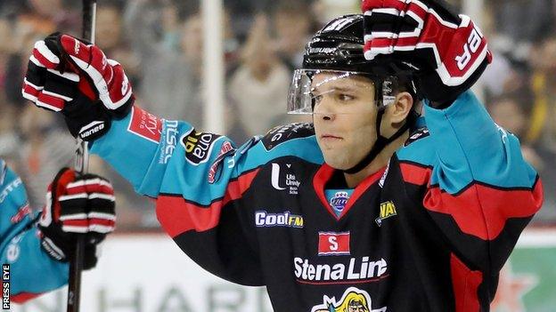 David Rutherford of the Belfast Giants celebrates scoring against Braehead Clan