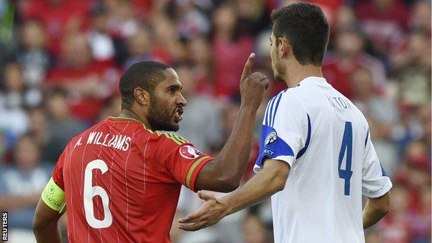 Wales captain Ashley Williams remonstrates with Israel's Nir Bitton