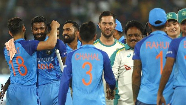 India celebrate after winning the T20 series