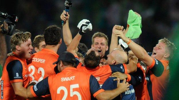 The Netherlands celebrate their remarkable win over Ireland in Bangladesh seven years ago