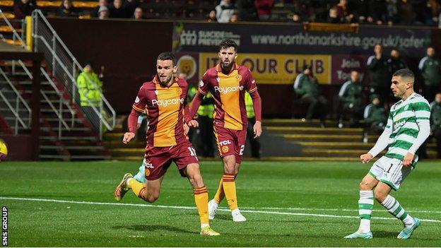 Celtic's Liel Abada scores to make it 2-0 during a Premier Sports Cup match between Motherwell and Celtic at Fir Park,