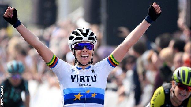 Marta Bastianelli celebrates after winning the women's Tour of Flanders