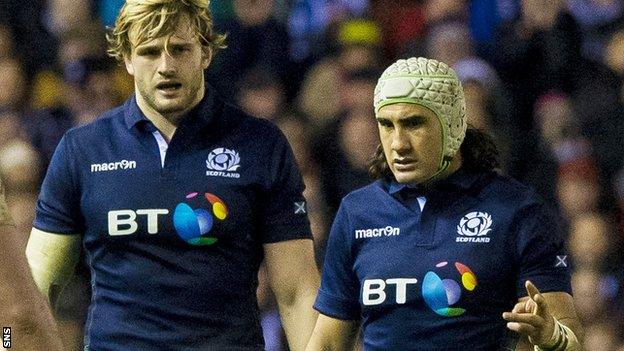 Richie Gray (left) and Blair Cowan discuss a point against England