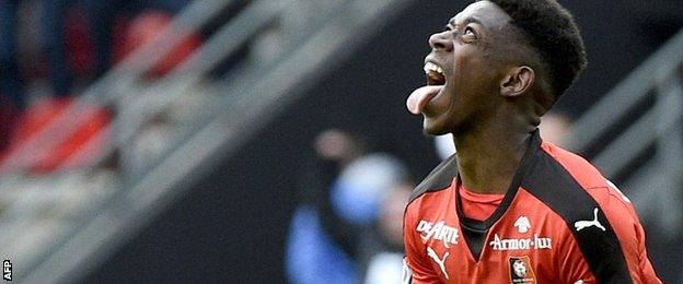 Ousmane Dembele celebrates scoring for Nantes