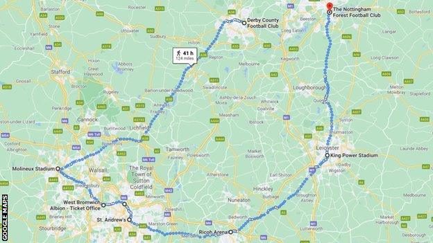 A rough route that the Big Step took from Derby County to Nottingham Forest in five days