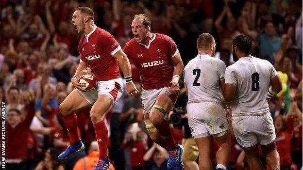 George North scores against England in 2019 with Alun Wyn Jones celebrating