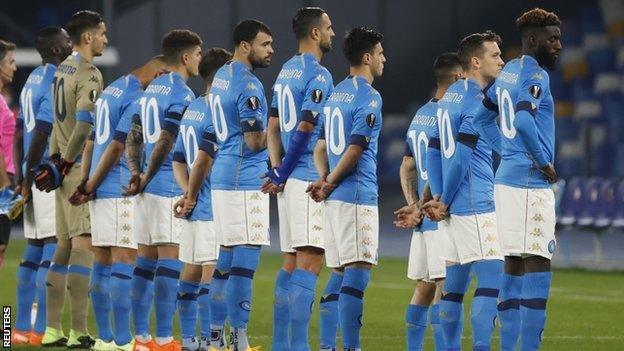 Napoli players wearing shirts with 'Maradona 10' on the back before their Europa League match with Rijeka