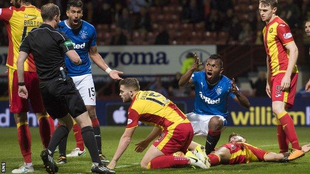 Rangers striker Alfredo Morelos remonstrates with the referee against Partick Thistle