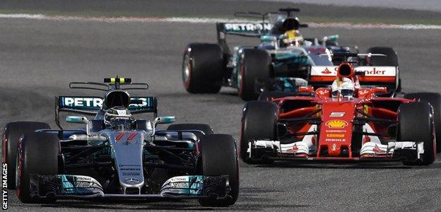 Valtteri Bottas leads Sebastian Vettel and Lewis Hamilton at the Bahrain GP