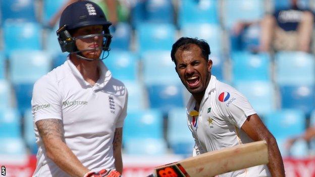 Wahab Riaz celebrates the wicket of Ben Stokes