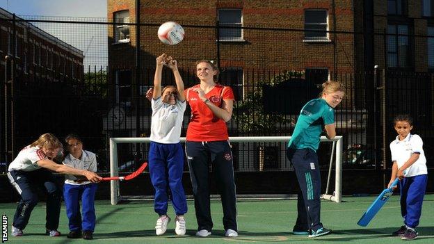 TeamUp picture of England Hockey player Kate Richardson-Walsh, England Netball player Jo Harten and England cricket player Heather Knight.