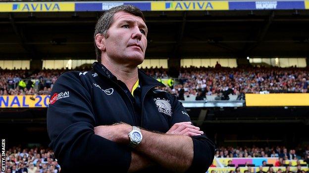 Exeter boss Rob Baxter looks on during the Premiership final win over Saracens in May 2017