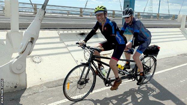 Jonathan Evans (at the front of the tandem) out training with Tony Whitelaw