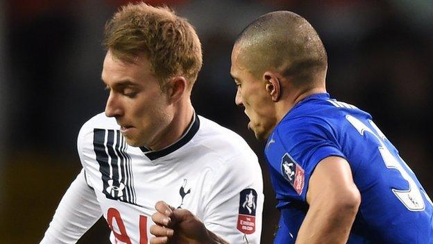 Christian Eriksen of Tottenham and Gokhan Inler of Leicester