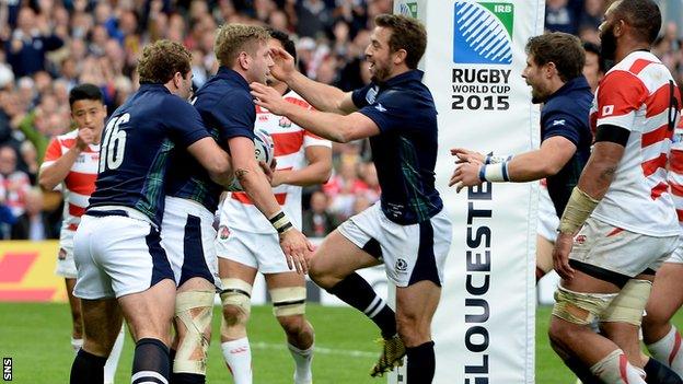 Finn Russell (centre left) was instrumental in Scotland's win over Japan