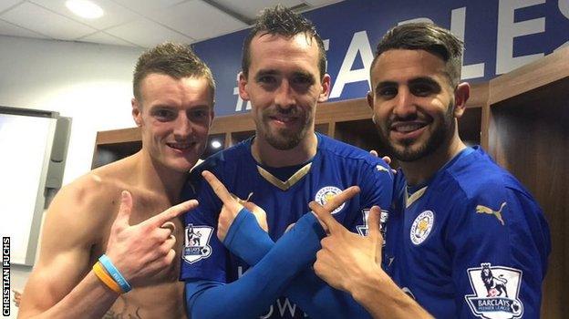 Christian Fuchs with Leicester team-mates Jamie Vardy and Riyad Mahrez