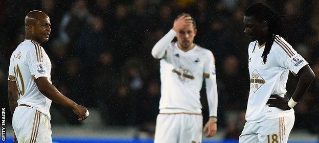 Andre Ayew, Gylfi Sigurdsson and Bafetimbi Gomis ponder Swansea's plight